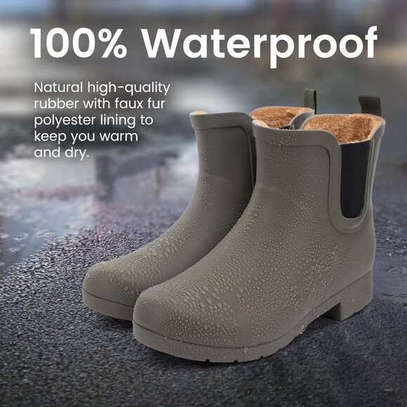 Women’s Brown Waterproof Plush Lined Slip On Rain Ankle Slim Chelsea Boots - Picture 8 of 13